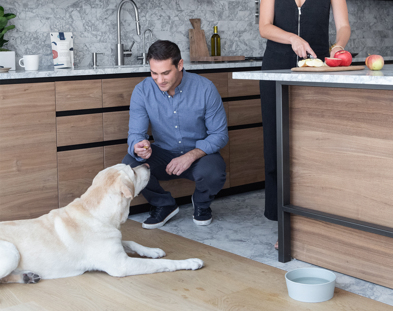 Fetching Fields Founder enjoys giving his dog plant-based snacks at home